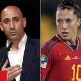 Die Bildkombo zeigt Jennifer Hermoso (r), spanische Fußballspielerin, nach einer vergebenen Torchance während des Frauenfußball-WM-Spiels der Gruppe C zwischen Japan und Spanien in Wellington und Luis Rubiales, Ex-Präsident des spanischen Fußballverbandes RFEF, bei der Außerordentlichen Generalversammlung des Verbandes in Madrid am 25.08.2023.