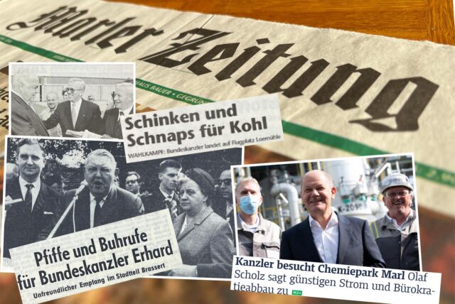 Im Hintergrund der Collage ist eine Ausgabe der Marler Zeitung. Im Vordergrund sind verschiedene Zeitungsausschnitte und Bilder von Kanzlern in Marl zu sehen. Es sind Bilder von Ludwig Erhard, Helmut Kohl und Olaf Scholz zu sehen.
