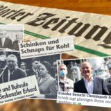 Im Hintergrund der Collage ist eine Ausgabe der Marler Zeitung. Im Vordergrund sind verschiedene Zeitungsausschnitte und Bilder von Kanzlern in Marl zu sehen. Es sind Bilder von Ludwig Erhard, Helmut Kohl und Olaf Scholz zu sehen.