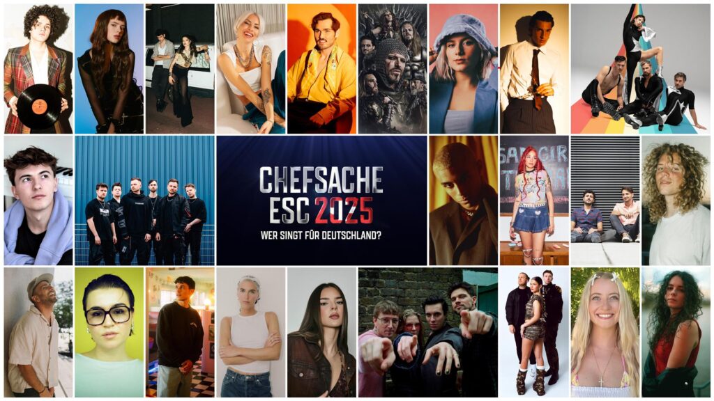 Collage zeigt die 24 Teilnehmer des ESC-Vorentscheids 2025: Benjamin Braatz, Julika, Abor & Tynna, FANNIE, Moss Kena, Feuerschwanz, LEONORA, Noah Levi, COSBY, Jonathan Henrich, From Fall to Spring, Logo, JALN, Cloudy June, Parallel, Equa Tu, Chase, NI-KA,Vincent Varus, CAGE, LYZA, The Great Leslie, Enny-Mae x PARADIGM, Janine Scholz und ADINA. Collage zeigt die 24 Teilnehmer des ESC-Vorentscheids 2025: Benjamin Braatz, Julika, Abor & Tynna, FANNIE, Moss Kena, Feuerschwanz, LEONORA, Noah Levi, COSBY, Jonathan Henrich, From Fall to Spring, Logo, JALN, Cloudy June, Parallel, Equa Tu, Chase, NI-KA,Vincent Varus, CAGE, LYZA, The Great Leslie, Enny-Mae x PARADIGM, Janine Scholz und ADINA.
