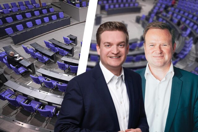 Die Direktkandidaten Michael Breilmann (l., CDU) und Frank Schwabe (SPD) machen den Sieg im Wahlkreis Recklinghausen I zu 100 Prozent unter sich aus, prognostiziert das Wahlforschungsinstitut election.de. Mit 60 Prozent Wahrscheinlichkeit sagt es seinen Sieg von Schwabe voraus.