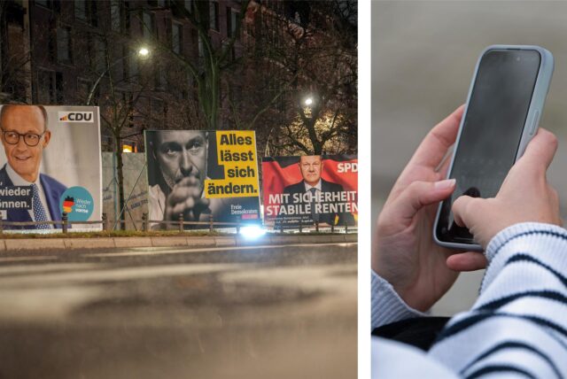 Links Wahlplakate von CDU, FDP und SPD zur Bundestagswahl 2025, rechts eine junge Frau, die ein Smartphone in den Händen hält.