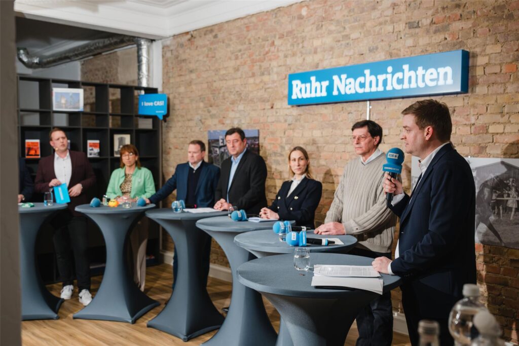 Bei der Wahlarena trafen in der Redaktion der Ruhr Nachrichten in Castrop-Rauxel am 6.2.2025 sieben Direktkandidaten zur Bundestagswahl aus dem Wahlkreis 120 Recklinghausen I aufeinander.