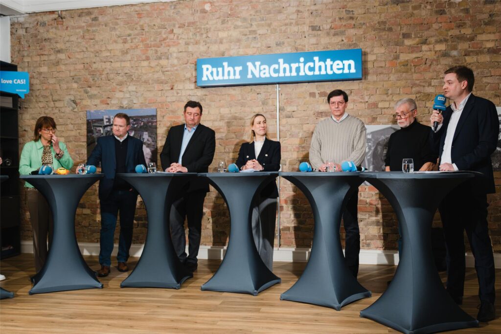 Bei der Wahlarena trafen in der Redaktion der Ruhr Nachrichten in Castrop-Rauxel am 6.2.2025 sieben Direktkandidaten zur Bundestagswahl aus dem Wahlkreis 120 Recklinghausen I aufeinander.