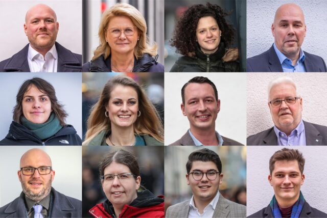Von links oben nach rechts unten: Jens Peick (SPD), Sabine Poschmann (SPD), Sarah Beckhoff (CDU), Michael Depenbrock (CDU), Hannah Rosenbaum (Grüne), Tina Wilken (Grüne), Matthias Helferich (AfD), Heiner Garbe (AfD), Jan Siebert (Linke), Sonja Lemke (Linke), Nils Mehrer (FDP) und Levin Rybak (FDP), die bei der Bundestagswahl 2025 als Direktkandidaten in Dortmund antreten.
