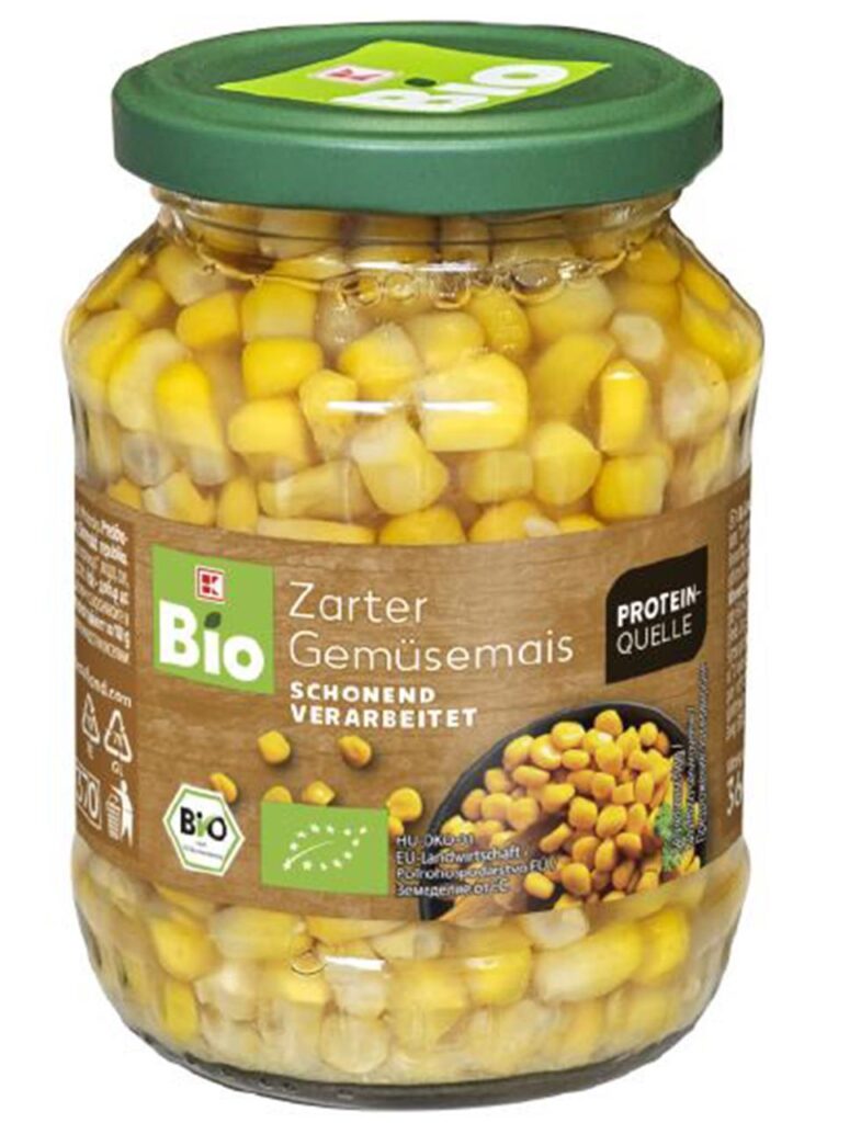 Mais der Marke K-Bio, der zurückgerufen wird. Mais der Marke K-Bio, der zurückgerufen wird.