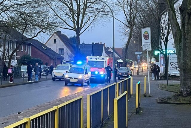 Rettungswagen, Polizisten und Schaulustige auf der Dörwerstraße in Dortmund-Nette.