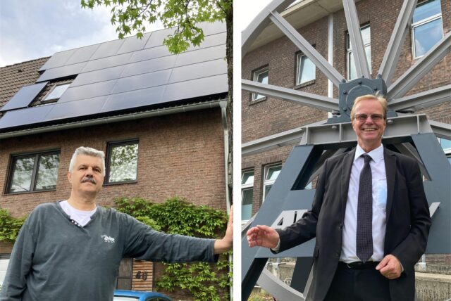 Eine Collage mit zwei Bildern auf der linken und rechten Seite. In der Mitte trennt sie eine weiße Linie. Auf der linken Seite lehnt Gerd Hoschek scheinbar an die weiße Linie. Im Hintergrund ist ein Einfamilienhaus mit Solaranlage zu erkennen. Auf der rechten Seite ist ein Bild von Manfred Gehrke zu sehen. Er steht vor einem aufgebockten Förderrad und lächelt in die Kamera.