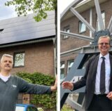 Eine Collage mit zwei Bildern auf der linken und rechten Seite. In der Mitte trennt sie eine weiße Linie. Auf der linken Seite lehnt Gerd Hoschek scheinbar an die weiße Linie. Im Hintergrund ist ein Einfamilienhaus mit Solaranlage zu erkennen. Auf der rechten Seite ist ein Bild von Manfred Gehrke zu sehen. Er steht vor einem aufgebockten Förderrad und lächelt in die Kamera.