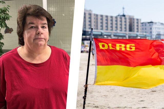 Die Montage zeigt ein Porträt von Gabriele Tschöpe, der Vorsitzenden der DLRG-Ortsgruppe Herten, und einer DRLG-Flagge an einem Strand.
