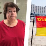 Die Montage zeigt ein Porträt von Gabriele Tschöpe, der Vorsitzenden der DLRG-Ortsgruppe Herten, und einer DRLG-Flagge an einem Strand.