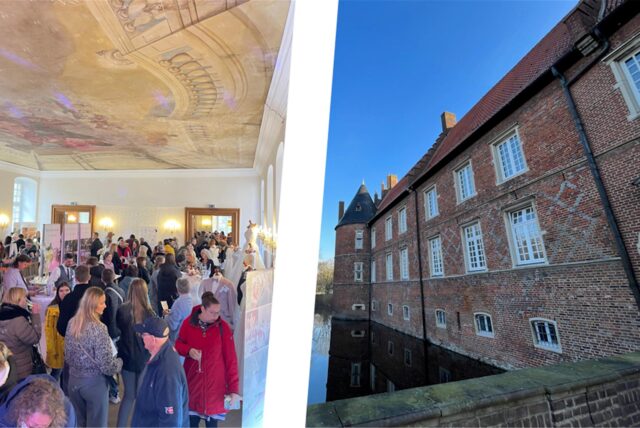 Montage von Besuchern der Hochzeitsmesse im Barocksaal des Schlosses und einer Außenaufnahme des Schloss Westerholt.