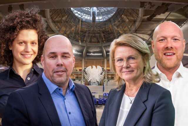 Sie kämpfen um Dortmunds Direktmandate für den Bundestag: Michael Depenbrock (CDU, vorne links) und Sabine Poschmann (SPD, vorne rechts) im Wahlkreis Dortmund II und Sarah Beckhoff (CDU, hinten links) und Jens Peick (SPD, hinten rechts) im Wahlkreis Dortmund I.