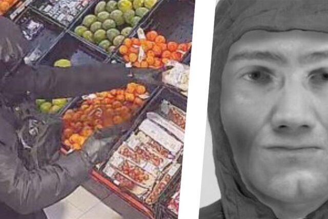 Ein bewaffneter Räuber in einem Supermarkt und ein Phantombild des Gesuchten