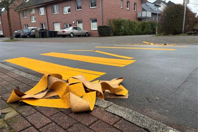 Kaputtes Knäule aus gelber Straßenmarkierungs-Folie an einem Zebrastreifen