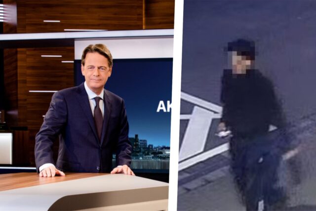 Moderator Rudi Cerne im Studio von „Aktenzeichen XY … ungelöst“ (Bild links). Das Bild rechts daneben zeigt einen Tatverdächtigen, der im Sommer 2023 an einem Raub an einem Mann in Dortmund beteiligt gewesen sein soll.