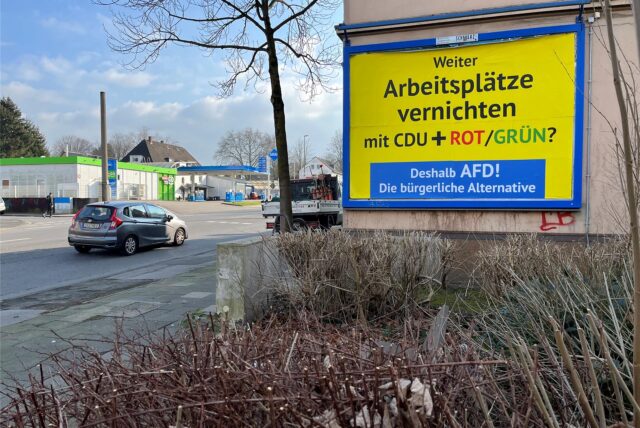Gleich zwei falsche AfD-Plakate hängen an einem Haus an der Wittener Straße in Castrop-Rauxel.