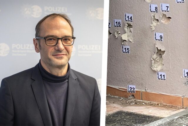 Links Kriminaldirektor Denis Andric von der Dortmunder Polizei, rechts Einschusslöcher in einer Hauswand.