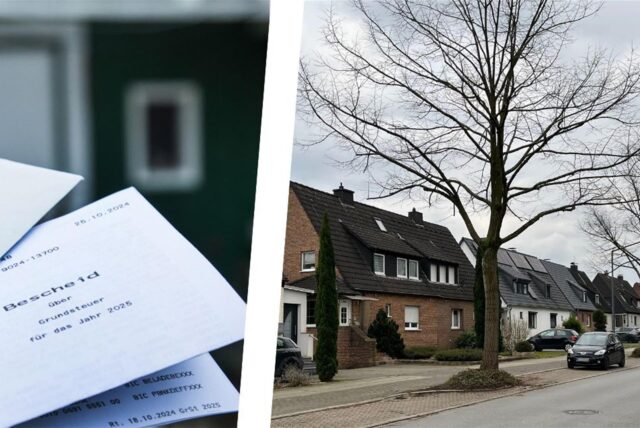 Links ein Brief mit einem Grundsteuerbescheid vor einem Haus, rechts mehrere Häuser auf der Jägerstraße in Herten.