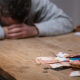 Ein Mann hat seinen Kopf auf seine Hände gelegt, während sich vor ihm Geldscheine, Münzen und Bankkarten auf einem Tisch befinden. 