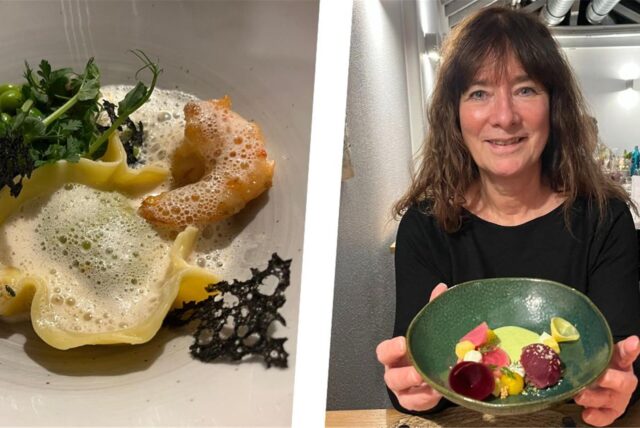 Montage zeigt links Erbsenraviolo mit Garnelen auf einem Teller, rechts Redakteurin Ronny von Wangenheim zeigt die Nachspeise.