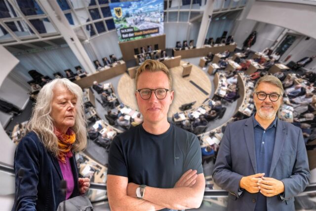Bild-Montage vor dem Hintergrund des Dortmunder Rats: Ingrid Reuter (links), Thomas Louis (Mitte), Thomas Westphal (rechts), darüber ein Logo von Tedi