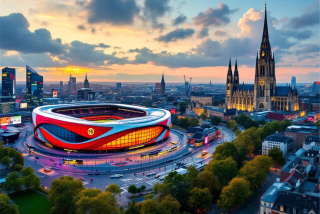 Ein KI-generiertes Bild von einer Stadt mit einem modernen Fußballstadion und einer großen Kirche