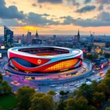 Ein KI-generiertes Bild von einer Stadt mit einem modernen Fußballstadion und einer großen Kirche