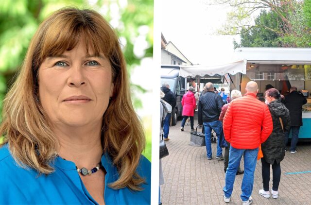 Montage: Martina Eißing und Menschen auf dem Oerer Dorfmarkt.