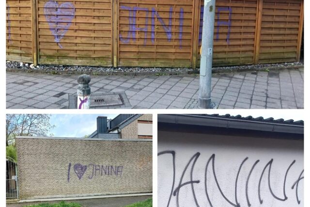 Schmierereien an Zäunen und Hauswänden mit dem Schriftzug „Janina“.