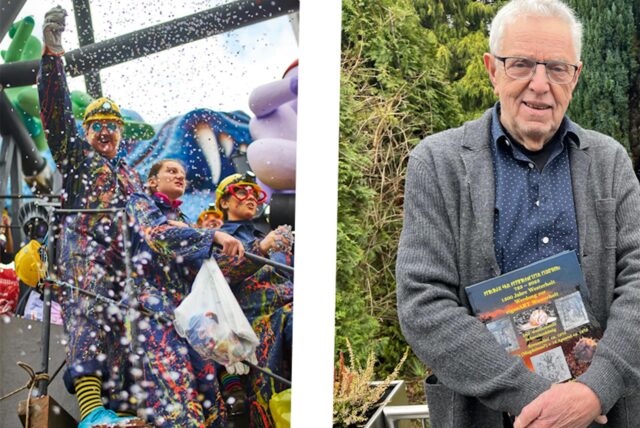 Montage von verkleideten Menschen, die Konfetti werfen und Clemens Spiekermann.
