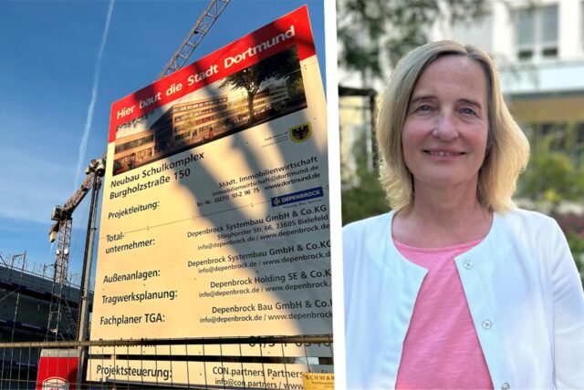 Ein Bauschild für einen Schulneubau an der Burgholzstraße und die Schuldezernentin Monika Nienaber-Willaredt.