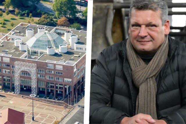 Bild-Montage: Links ein Luftbild des Rathauses, rechts ein Porträt von Martin Cremer.