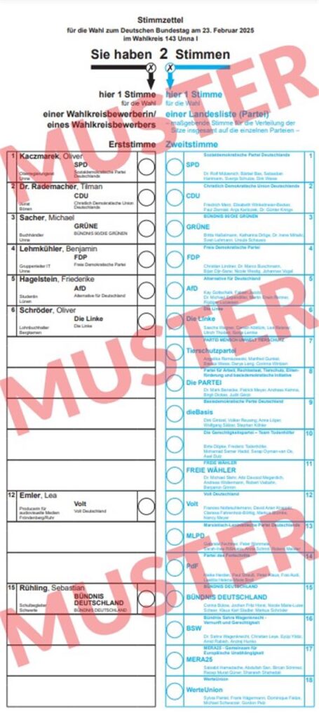 Ein Muster-Stimmzettel für die Bundestagswahl 2025 im Wahlkreis Unna I. Ein Muster-Stimmzettel für die Bundestagswahl 2025 im Wahlkreis Unna I.