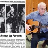 Montage von Zeitungsbericht und Musiker