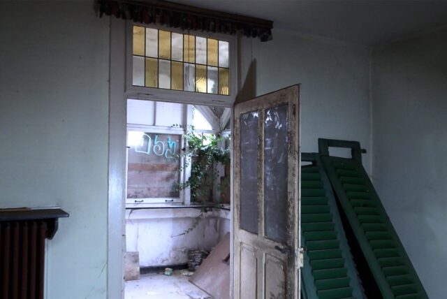 Pflanzen wachsen durch die Fenster vom Wirxel-Haus.