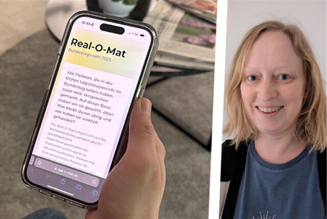 Eine Person hält ein handy, auf dem der Real-O-Mat geöffnet ist. Daneben ein Bild von Frauke Gonsior