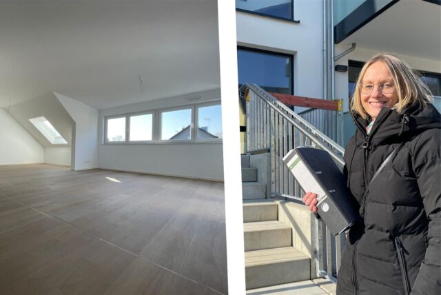 Daniela Moge, die sich um die Vermarktung der neuen Wohnungen in der Neu-Crengeldanz-Straße in Lütgendortmund kümmert, steht am Treppenaufgang zu einem der Häuser; Blick ins große Wohnzimmer einer der Dachgeschosswohnungen.