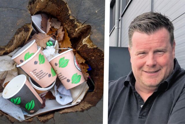 Link sind Kaffeebecher zu sehen, rechts ein Porträt von Michael Hohoff.