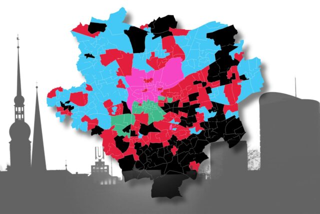 Eine Karte von Dortmund zeigt die Wahlergebnisse der Bundestagswahl 2025 auf der Ebene der Wahllokale
