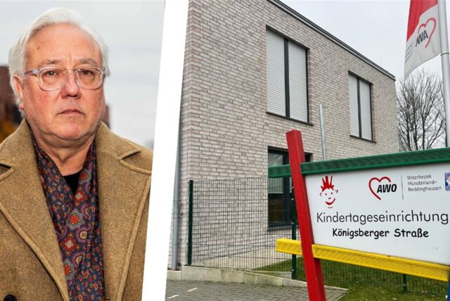 Links ein Porträtfoto von Andreas Hebestreit, Sprecher der FDP Herten, rechts das Schild der AWO-Kita Königsberger Straße.