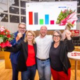 OB Thomas Westphal, die Bundestagsabgeordneten Sabine Poschmann und Jens Peick und die Landtagsabgeordnete Anja Butschkau feiern die Ergebnisse der Bundestagswahl in Dortmund-