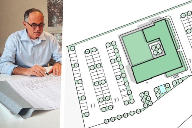 Projektentwickler Jochen Grimm in seinem Büro mit einer Entwurfsplanung der Tierklinik in Unna.