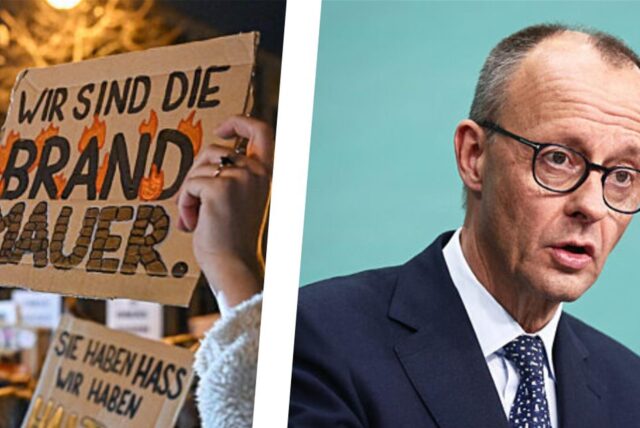 Montage: Teilnehmer einer Demonstration zur Migrationspolitik unter dem Motto „Zusammen gegen rechts“ halten vor der CDU-Zentrale ein Plakat mit der Aufschrift „Wir sind die Brandmauer!“ (l.); Friedrich Merz, CDU-Bundesvorsitzender und CDU/CSU-Fraktionsvorsitzender im Bundestag, spricht während einer Pressekonferenz (r.)