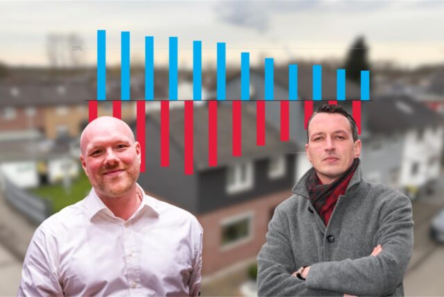 Die Dortmunder Bundestagsabgeordneten Jens Peick (SPD) und Matthias Helferich (AfD) sind mit einem Diagramm zur Wählerwanderung vor einer Ansicht von Scharnhorst zu sehen.