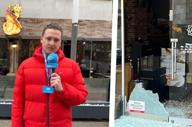 Unser Reporter Tim Hübbertz steht vor einem Cafe in Dortmund und berichtet über einen Einbruch.