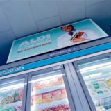 Tiefkühl-Theke in einer Aldi-Filiale. Hinter Glastür sind TK-Fertiggerichte.