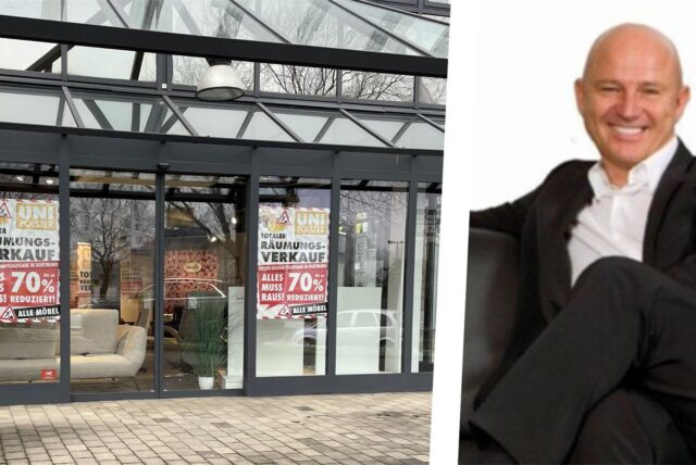 Collage: links der Eingang von Uni Polster in Dortmund-Dorstfeld, rechts Geschäftsführer Frank Jankuhn.