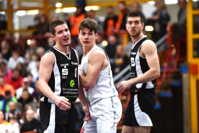 Basketball Regionalliga West 15. Februar 2025, Rosa-Parks-Halle. Hertener Löwen – Citybasket Recklinghausen 75:65. Luca Petronic, David Ewald
