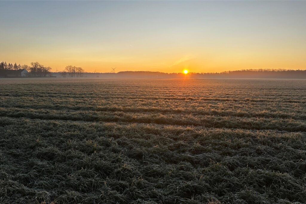 Sonnenaufgang und Dämmerung mit Blick auf die Deutener Wiesen Felder in Dorsten